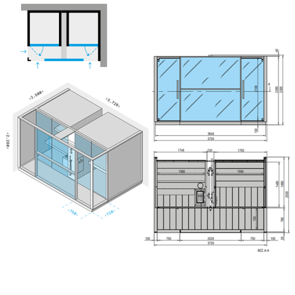 Effegibi Logica Сауна с хаммам и душем, угловая DX, 373x250xh226см, отделка: Soft Sand 