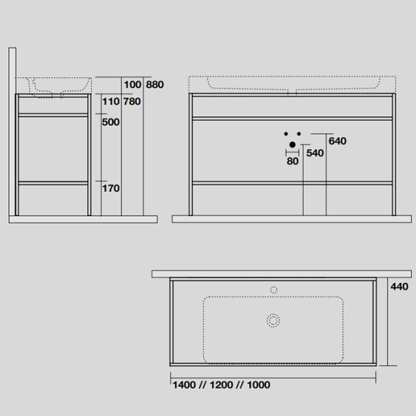 KERASAN Cento раковина подвесная/накладная 140х45см c 1отв под смеситель, цвет белый 