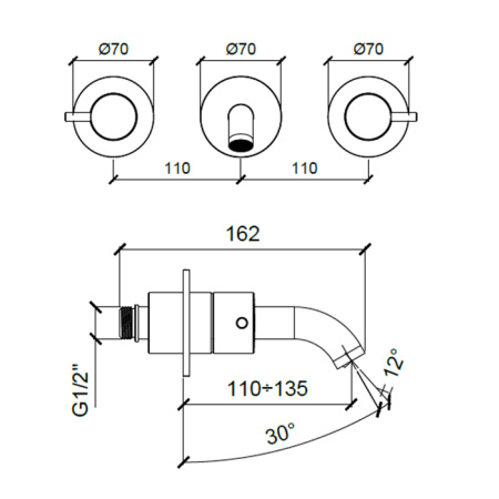 ALMAR Смеситель для раковины на 3 отверстия из стены, излив 110-135 мм, внешняя часть, цвет хром 