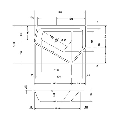 Duravit Paiova 5 Ванна угол справа, 1900х1400 мм, объем 267 л, встраиваемая ,с 2 разными наклонами спинки, цвет: белый 