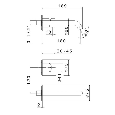 Newform X-Steel 316 Смеситель для раковины настенный, без донного клапана, излив 180 мм, наружная часть, (для 27852) цвет: PVD Brushed pale gold 