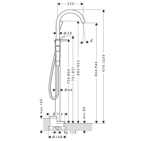 AX One Смеситель для ванны, напольный, матовый черный 