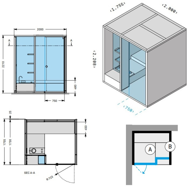Effegibi BodyLove H Хаммам 200x176xh220 см, размещение в угол R.H., S.X., отделка гладкое стекло, наружные стены гладкое стекло 