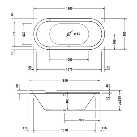 Duravit STARCK Ванна гидромассажная овальная, встраиваемая версия, с двумя наклонами для спины, с ножками и сливом-переливом 