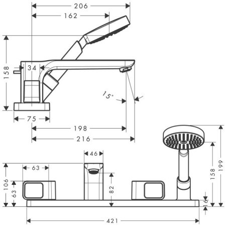 AX Urquiola Смеситель на борт ванны, на 4 отв., с ручным душем, монтаж на плитку,(внешняя часть), цвет: хром 