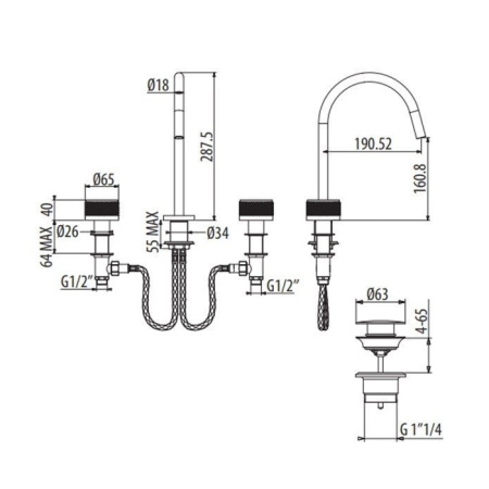 GATTONI MD Смеситель для раковины на 3 отверстия, ручки RONCO, с донным клапаном, цвет Dark brushed nickel 