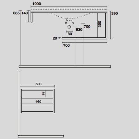 KERASAN SHAPE LOUISE Структура 1020х520 мм., подвесная, нержавеющая сталь, полка белая, цвет черный матовый 