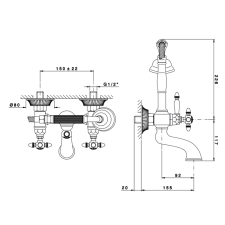 Nicolazzi Impero Смеситель для ванны с душем на 2 отверстия, настенный, излив: 155 мм, цвет: хром 