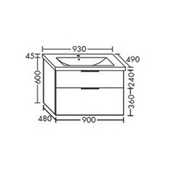 BURGBAD Eqio База подвесная с керамическим умывальником 930х490х645 мм. 2 ящика с ручкой желоб., c 1 отв под смес.   цвет серый глянц F2010 