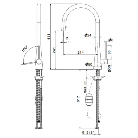 Newform Ycon Смеситель для кухни на 1 отв, с выдвижным изливом,  излив 266 мм, цвет: Bianco opaco 