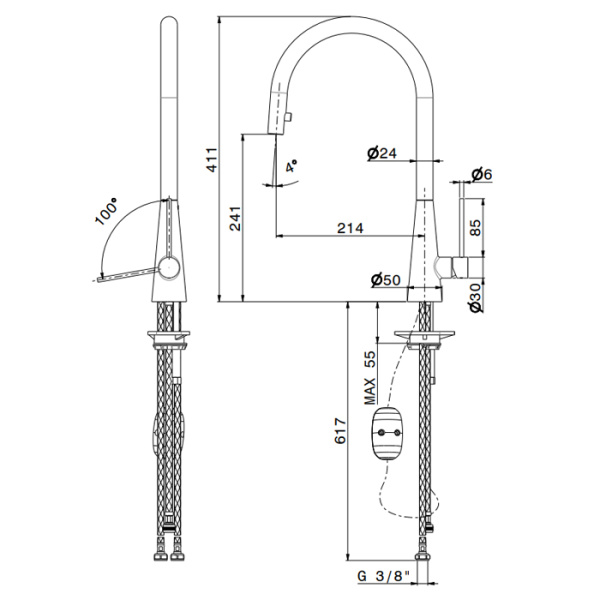Newform Ycon Смеситель для кухни на 1 отв, с выдвижным изливом,  излив 266 мм, цвет: PVD Brushed gun metal 