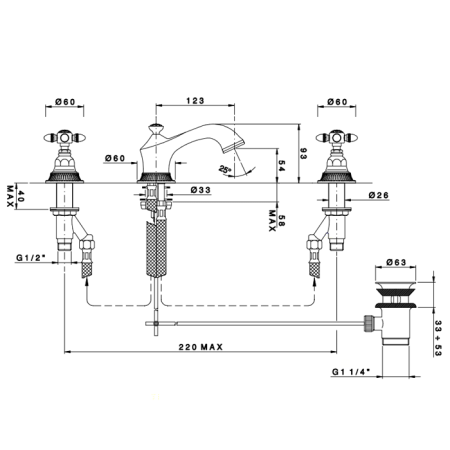 Nicolazzi Impero Смеситель для раковиныс автоматическим изливом на 3 отверстия с донным клапаном, цвет: хром 