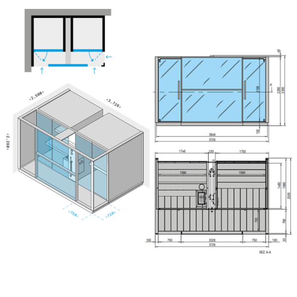 Effegibi Logica Сауна с хаммам и душем, угловая SX, 373x250xh226см, отделка: Soft Sand 