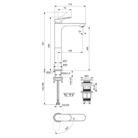 Ideal Standard Ceralife O Высокий смеситель для раковины H240, технология BlueStart с донным клапаном Click Clack, цвет: хром 