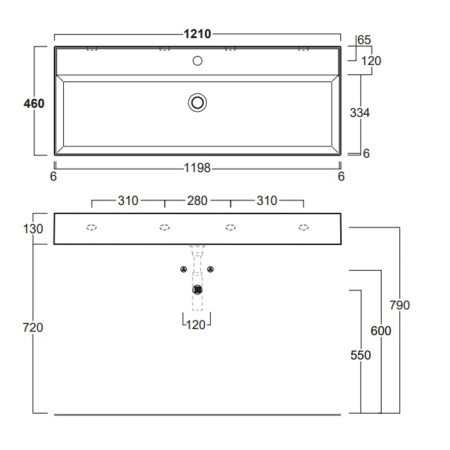 SIMAS AGILE Раковина двойная подвесная 121х46 см, с переливом, с 2 отв под смеситель,цвет белый 