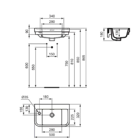 Ideal Standard Calla Раковина 500х320xh180 мм, подвесная, с отв. под смес. слева и переливом, с крепежом цвет: белый глянец 