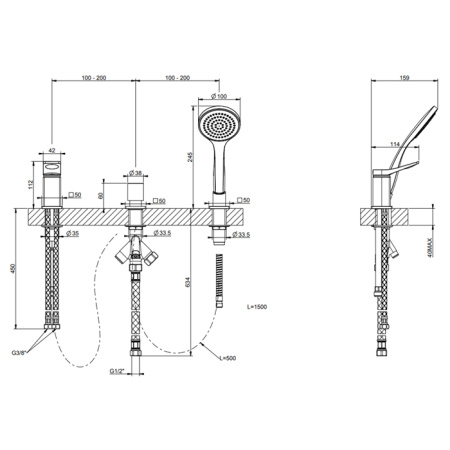 GESSI Rilievo Смеситель на борт ванны на 3 отв, с убирающаяся душевой лейкой, для наполнения через слив-перелив, цвет: хром 