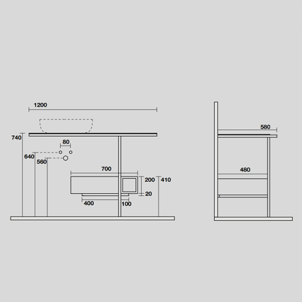 KERASAN THELMA  Структура металлическая напольная 120х74 см, нерж сталь, с полкой,ящиком, с отв под раковину,полотенцедержателем, цвет черный матовый 