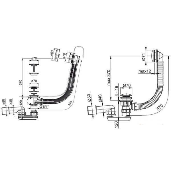 RAVAK Слив-перелив для ванн 570 мм, Click-Clack, хром 