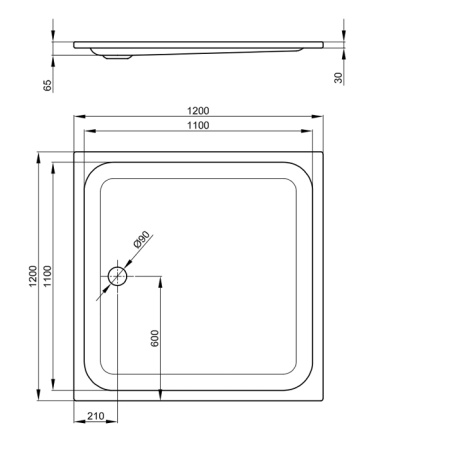 BETTE Душевой поддон квадратный 120х120хh6,5см с отв-м слива d90мм цвет белый 