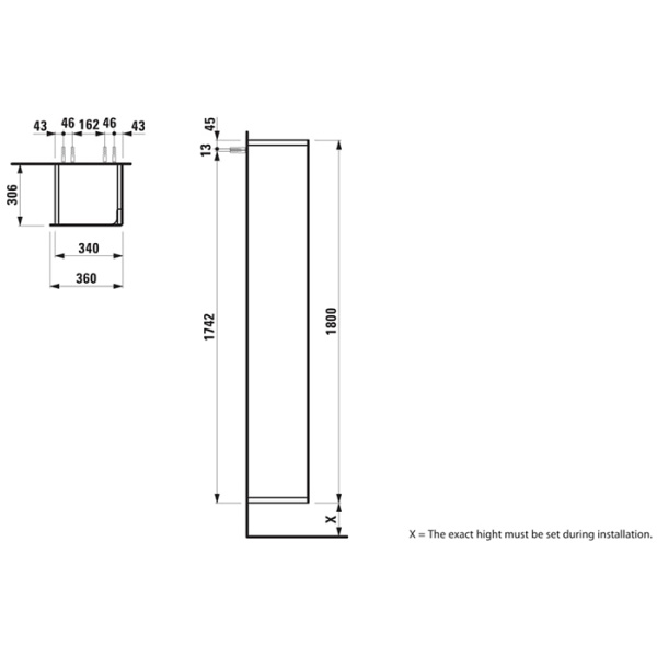 Laufen INO Шкаф подвесной, 360х305х1800мм, с 1 дверцей, DX, цвет: белый матовый 