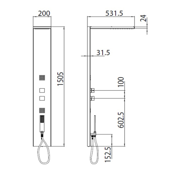 Bossini Manhattan Душевая панель из нерж/стали 200хh1500/вылет 532 мм, с 4мя функциями, смеситель монокомандный, цвет: хром (СПЕЦЦЕНА!) 