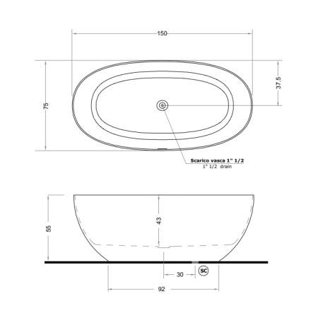 Gruppo Treesse Vera Ванна отдельностоящая овальная 150х72х55см из искусственного камня, цвет белый матовый 