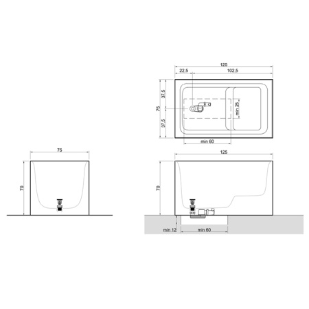 ANTONIO LUPI CUBA Ванна 1250х750х700 мм., сидячая, отдельностоящая, скрытый автоматический перелив, сифон, донный клапан, Flumood, цвет белый матовый 