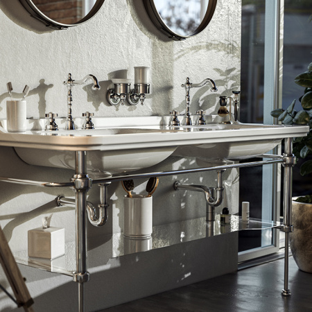 Kerasan Waldorf Раковина керамическая двойная 150х55см, c 1 отверстием под смеситель, белая, цвет заглушки - хром 