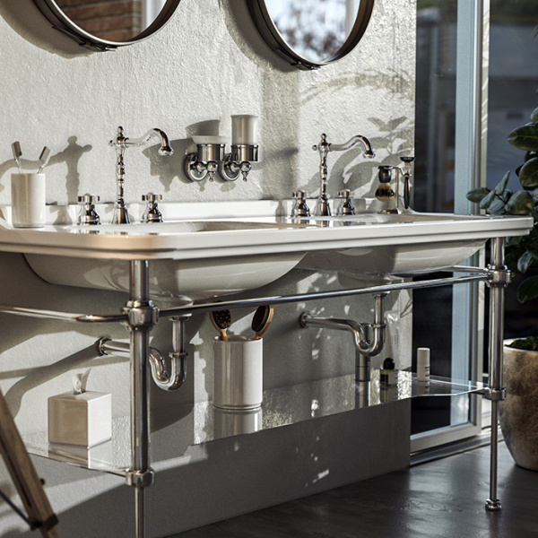 Kerasan Waldorf Раковина керамическая двойная 150х55см, c 1 отверстием под смеситель, белая, цвет заглушки - хром 