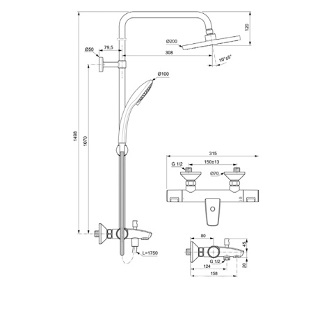 Ideal Standard Ceratherm T25 Душевая система с изливом и термостатом и ручным душем, корпус Coolbody, руч.душ: 3 режима, верх. душ: 200 мм, цвет: хром 
