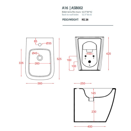 Artceram A16 Биде напольное 36х52 см, 1 отверстие, цвет tortora 
