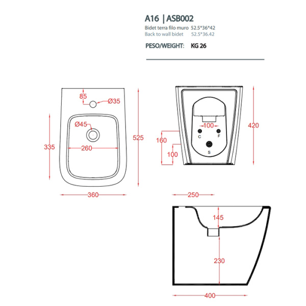 Artceram A16 Биде напольное 36х52 см, 1 отверстие, цвет tortora 