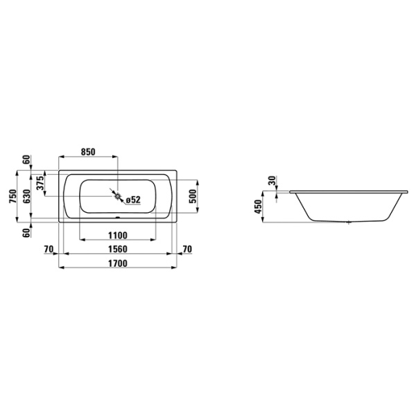 Laufen PRO Стальная ванна (3,5мм) 1700x750 мм,  с центр. выпуском, шумоиз-я, с отв. для ручек, антискольз. покрытие, белый 