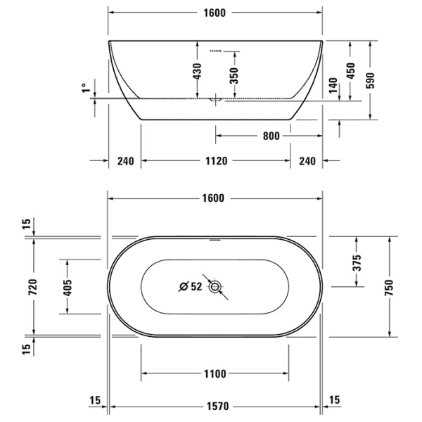 Duravit DuraKanto Ванна отдельностоящая из акрила 1600*750мм овальная, с двумя наклонами для спины, бесшовная акриловая панель, цвет белый глянцевый 