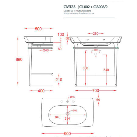 Artceram CIVITAS Структура металлическая Tonda для раковины 90см, полка стекло, цвет хром 