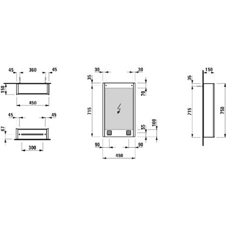 Laufen Frame 25 шкаф зеркальный 450x150x750 мм, алюминий, 1 дверца с зеркалом с 2х сторон, петли слева, сенс. выкл., 2 розетки, 2 верт-х эл-та LED-под 