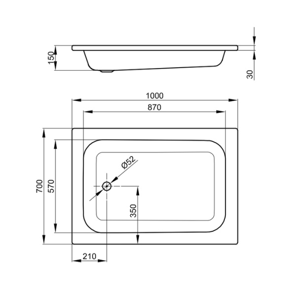 BETTE Душевой поддон прямоугольный  100х70х15 h3,5см  d=52 , слив D=90 мм,, белый 