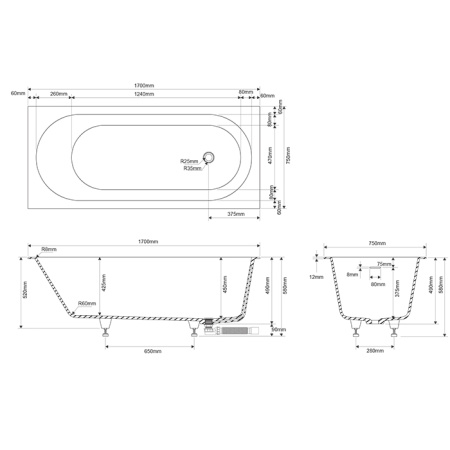 DEA DESIGN Ease Ванна 1700х750хh580 мм встраиваемая,в комплекте ножки, интегр.слив/перелив в цвет ванны  цвет белый (цена по АКЦИИ) 