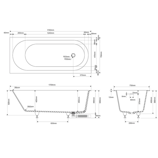 DEA DESIGN Ease Ванна 1700х750хh580 мм встраиваемая,в комплекте ножки, интегр.слив/перелив в цвет ванны  цвет белый (цена по АКЦИИ) 