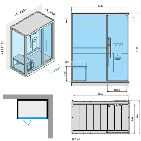 Effegibi H Large Хаммам с душем, угловой R.H., DX, 173x102xh220см, отделка: Soft Sand 