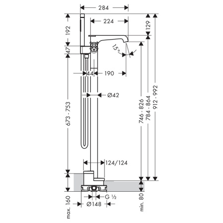 AX Citterio E Смеситель для ванны, термостатический, с двумя рукоятками, с ручным душем, напольный, цвет: хром 