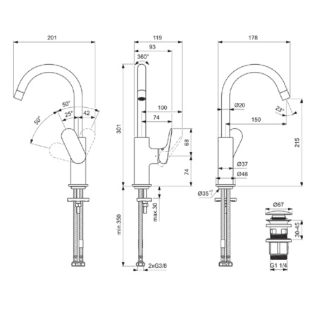 Ideal Standard Ceralife O Смеситель для раковины H215, с поворотным изливом, с донным клапаном, цвет: хром 