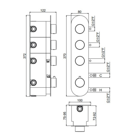 Carimali ILTONDO Внешняя часть вертикальная  термостатического смесителя с 3 запорными вентилями,цвет хром 