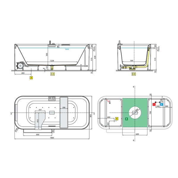 NOVELLINI DIVINA F Ванна отдельностоящая 1800х800х630 мм., с полкой и полотенцедержателем, смесит, слив-перел, подгол черн, фурн хром, цвет белый мат 