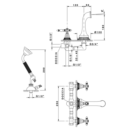 Nicolazzi Impero Смеситель для ванны с изливом из стены на 4 отверстия, встраиваемый, излив: 180 мм, цвет: хром 