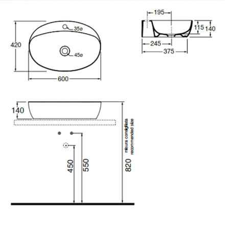 AZZURRA ELEGANCE CIRCLE раковина накладная 60х42х14см с 1 отв. под смеситель , цвет carbone 