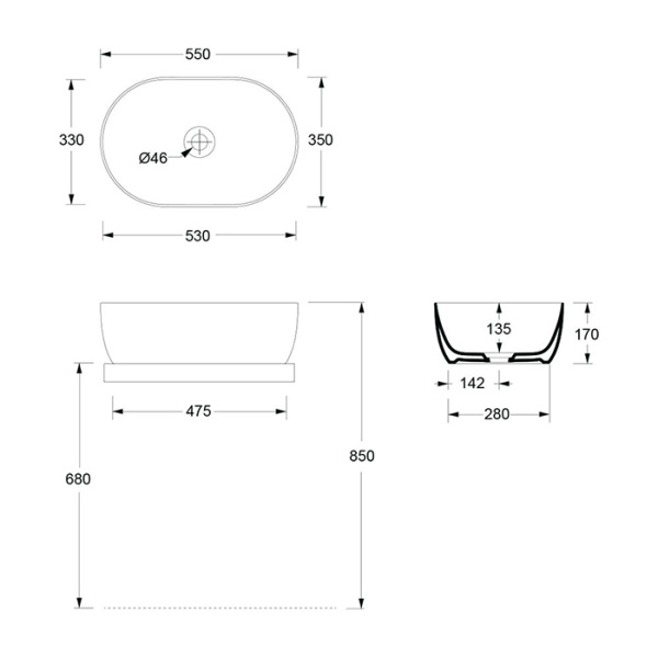 Alice Unica Раковина 55x35хВ17, накладная, без отверстия под смеситель, чёрный матовый 