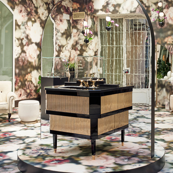 Devon&Devon Metropolitan Тумба под раковину DEEP BLACK 88,5см, планками светл золото, столешница  GRANITO NERO ASSOLUTO, раковина SWINDON черная 