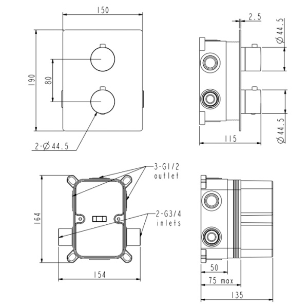 NEMO NM-2358MB Термостатический встраиваемый смеситель для душа из стены на 2 потребителя MATTE BLA 